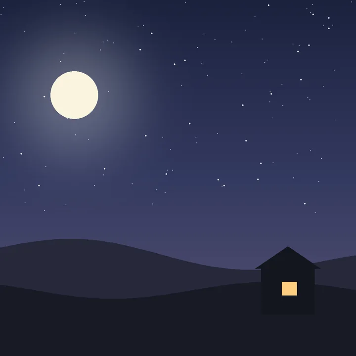 夜裡的滿月，和一間亮著燈的小屋