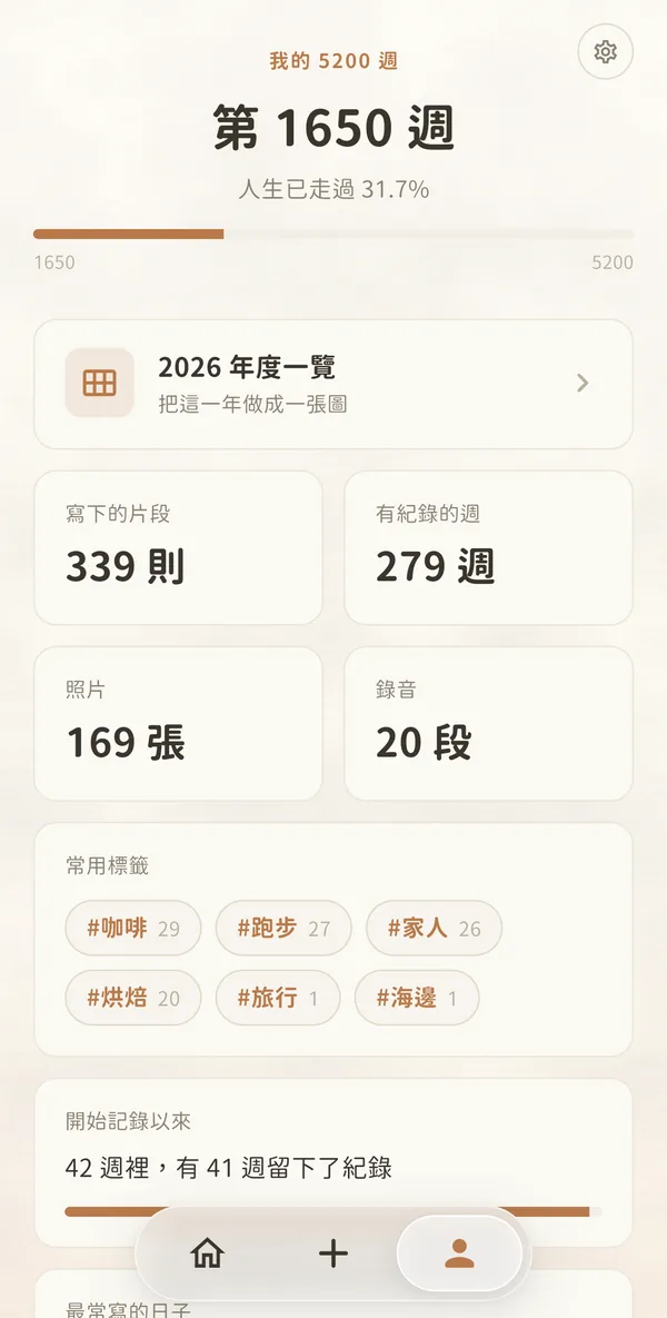 「我的」頁：人生第幾週與紀錄統計